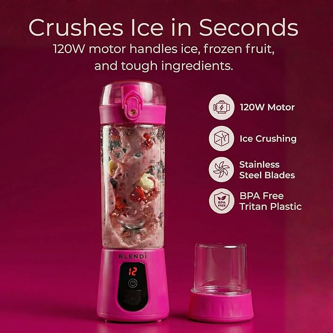 BLENDi Pro+ Portable Blender (New 2025 Model, 17.5oz, Hot Pink) – Upgraded Ice Crushing 120W Motor, USB-C Rechargeable, Cordless Personal Blender Smoothies & Shakes – BPA-Free, Travel-Friendly