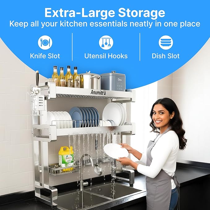 ANUMITRA Over Sink Dish Drying Rack – Stainless Steel 3-Tier 33.5 in Dish Drainer Rack, Space-Saving Kitchen Sink Organizer with Plate & Bowl Holders, Cutting Board Rack, Utensil Cup, Adjustable Feet