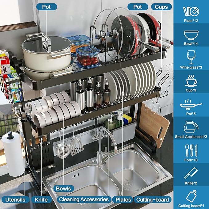 LIVOD Over The Sink Dish Drying Rack,3 Tier Adjustable Length Full Stainless Steel Large Storage Kitchen Dish Rack,for Kitchen Counter Expandable Multifunctional Organizers,Silver (25.5'' to 37.6'')