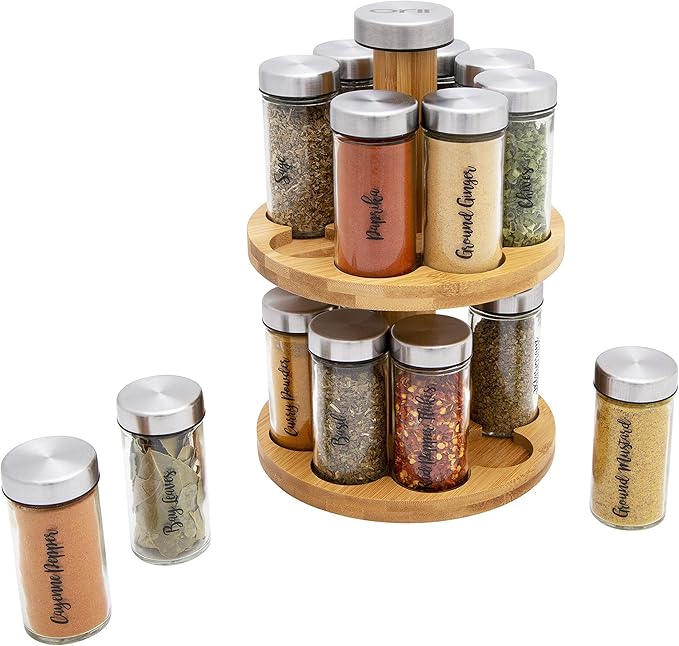 Orii 16 Jar Spice Rack with Spices Included & 5-Year Free Spice Refill Program - Rotating Countertop 2 Tier Tower Organizer for Kitchen Spices and Seasonings, (Bamboo Wood)
