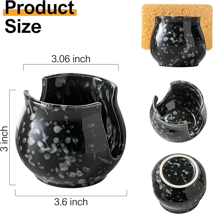 Zoeeker Kitchen Sponge Holder, Ceramic Dish Sponge Holder Kithen Sink Organizer Farmhouse Brush Holder Dish Rack for Bathroom, Kitchen, Sink, Black