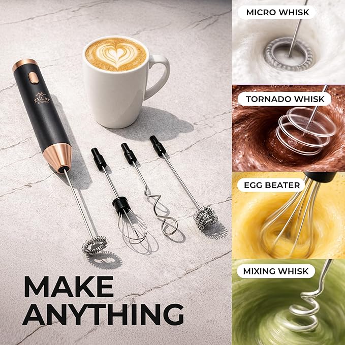 Zulay Kitchen Rechargeable Milk Frother Handheld - Frother Wand, Drink Mixer, Electric Whisk Frother, for Cappuccinos, Matcha & Protein Powder - Ultra Metal 3 Whisk, 1800mAh Black Copper