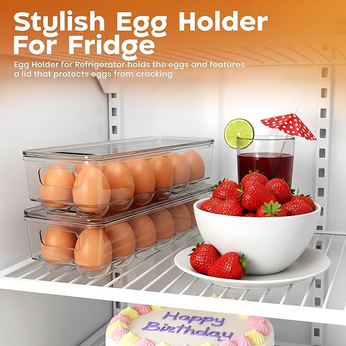 Utopia Home Egg Container With Lid and Handle for Refrigerator - Pack of 1 - Clear Stackable Egg Holder for Kitchen Storage and organization