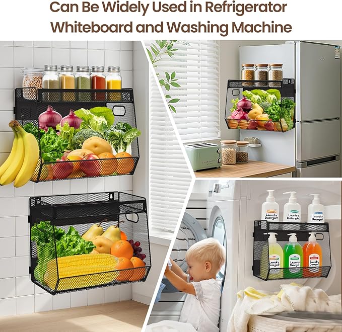 2 Set Magnetic Shelf Basket for Fridge, Magnetic Spice Rack Fruit Onion and Potato Storage Bins with Mesh Lid, Pantry Organizers and Storage, Kitchen Counter Organizer for Produce