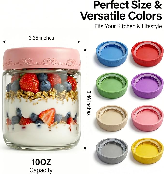 10 OZ 8Pack, Overnight Oats Jars with Lids, Glass Meal Prep Containers, Airtight Mason Jars for Breakfast, Yogurt Parfait, Salad & Smoothies, Leakproof and Reusable Food Storage Jars