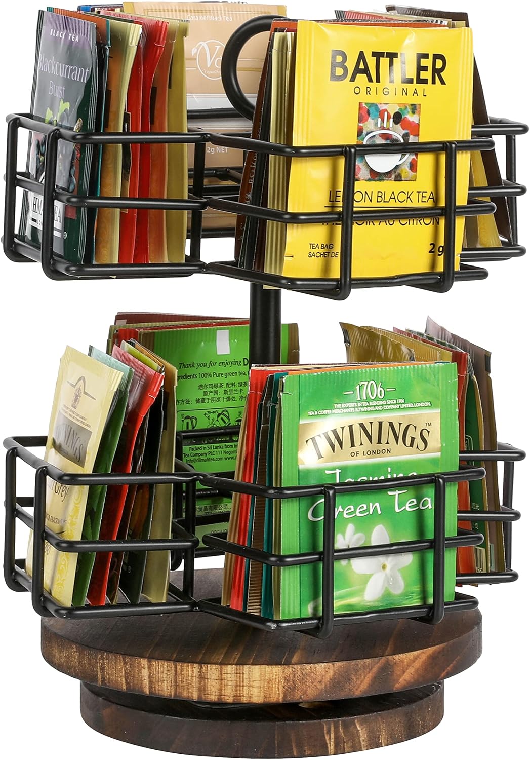 Rotating Tea Bag Holder Carousel, 8 Compartments, Wood Base