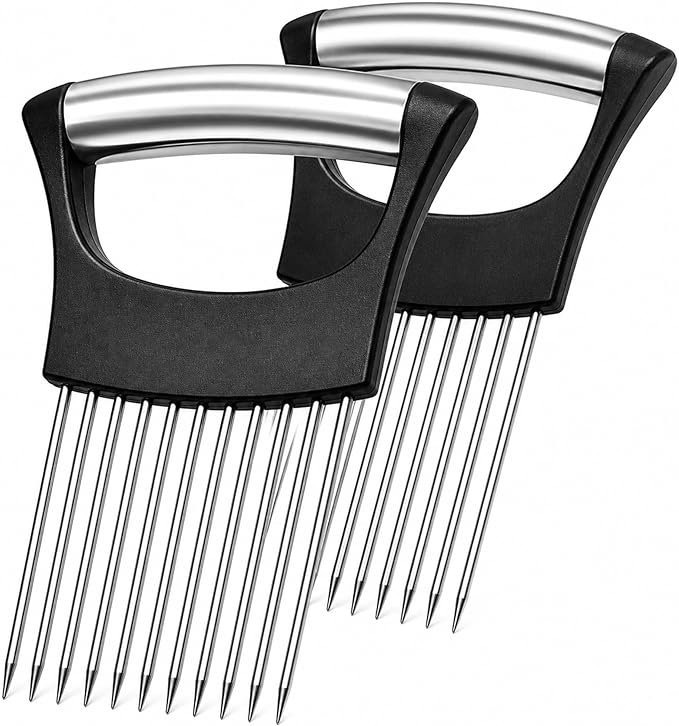 Onion Holder for Slicing (2 Pack) - Stainless Steel Vegetable Slicer Guide, Tomato/Potato/Lemon/Meat Holder - Safe, Even Cuts Kitchen Gadget