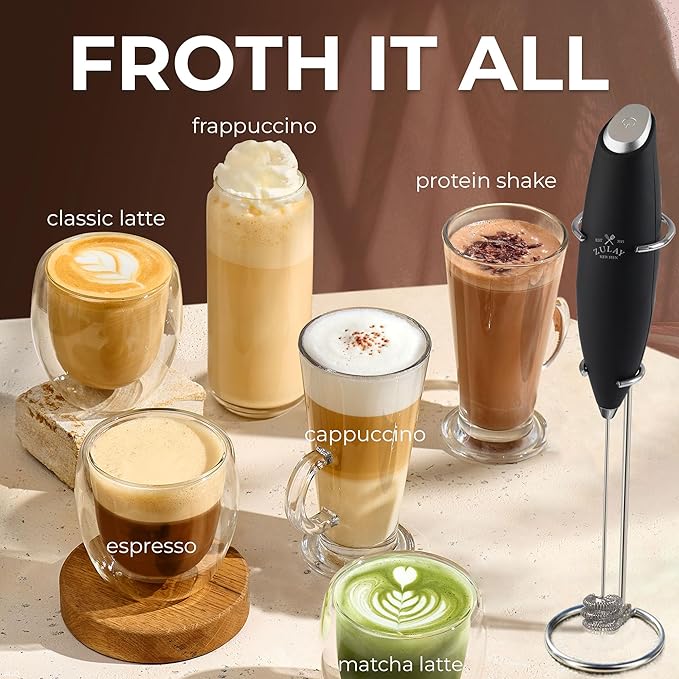 Zulay Kitchen Powerful Milk Frother Wand With Duracell Batteries - Ultra Fast Handheld Drink Mixer - Electric Whisk Foam Maker for Coffee, Lattes, Cappuccino & Matcha - Triple Whisk - Black