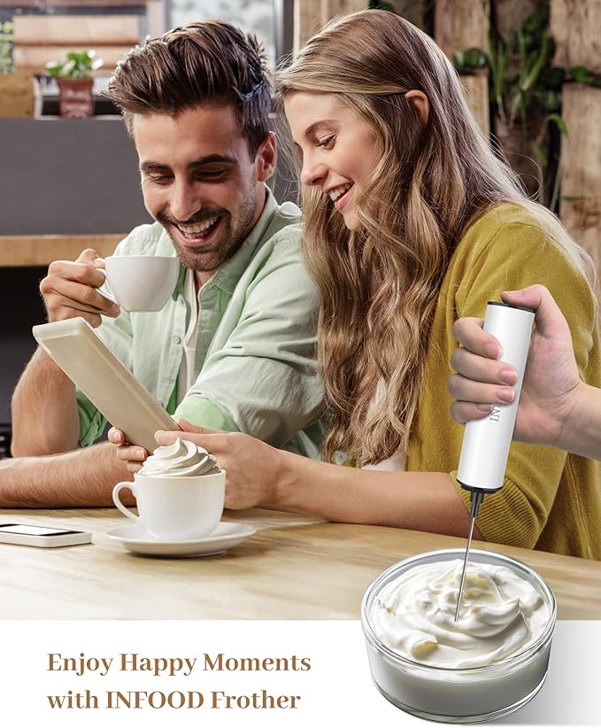 INFOOD Milk Frother Rechargeable with Cover - Coffee Frother Wand, Drink Mixer Handheld with 2 Detachable Stainless Whisks 2 Speed Adjustable for Latte, Cappuccino, Hot Chocolate, Egg, White