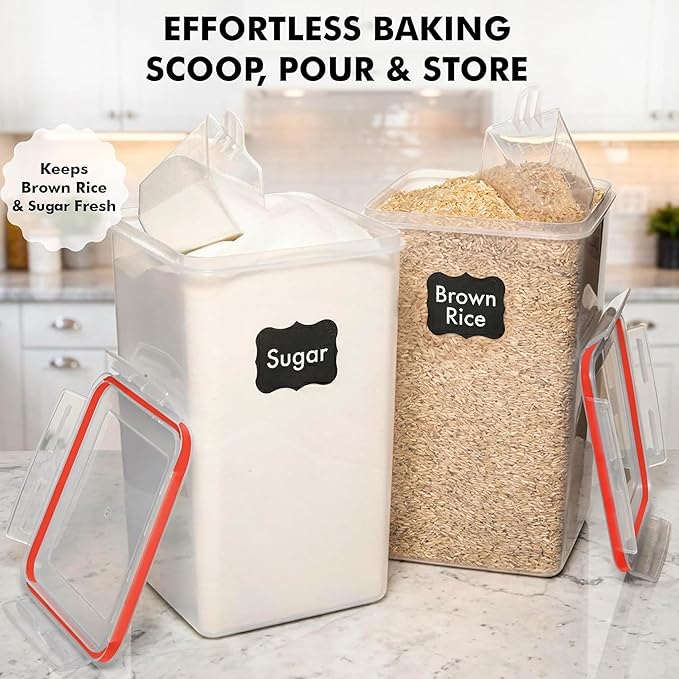 WHITE FEATHER SUPPLIES 2 PC [7 Qt / 6.5L / 220 Oz] Large Food Storage Containers with Lids Airtight - BPA Free Clear Plastic Kitchen and Pantry Storage Containers for Cereal, Flour, Sugar, Rice