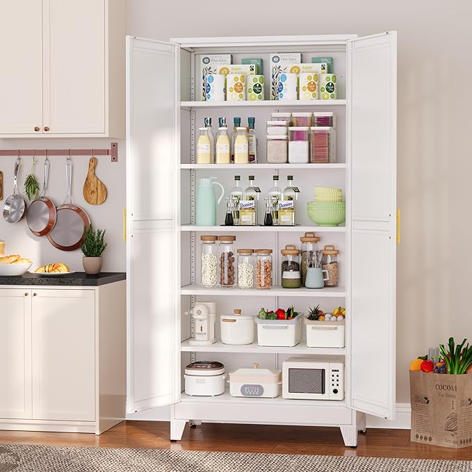 Metal Pantry Cabinet with 2 Doors and 5 Adjustable Shelves, 75"Kitchen Storage cabinets with Gold Handles, Versatile Storage for Laundry Room, Living Room, Bathroom, Dinning Room, Utility Room-White