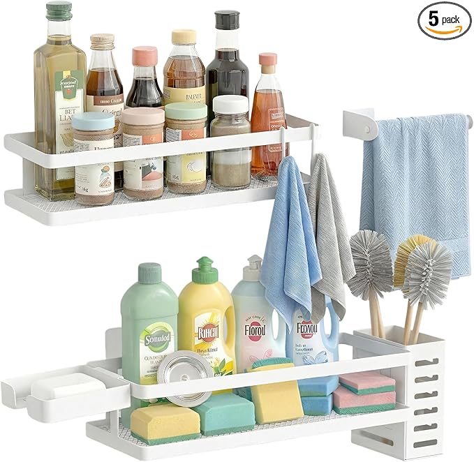 PUSDON 5-in-1 Shower Caddy & Kitchen Organizer Set, Wall Mount Wide Spice Rack with Paper Towel Holder, Utensil Holder, Soap Dish, Rustproof Mesh Baskets Hold 50LBS - White, Guardrail