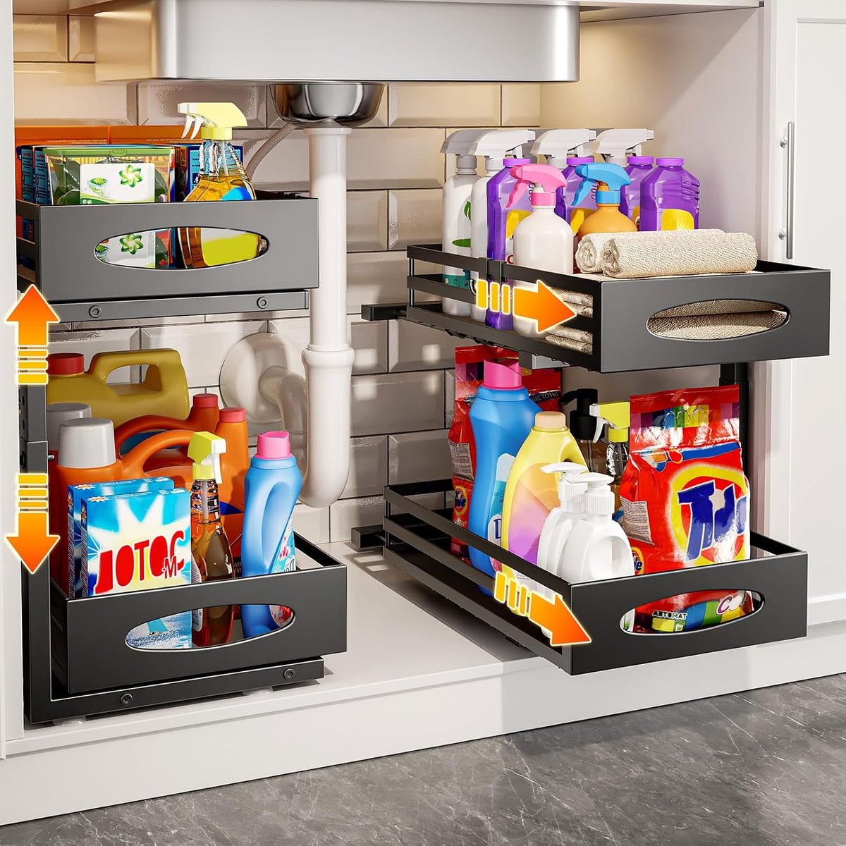 Under Sink Organizer, 2 Tier Under Sink Organizers and Storage, Adjustable Height, Slide out Metal Cabinet Organizers, Pull out Cabinet Storage Drawer Shelf for Kitchen Bathroom (Black, 2)