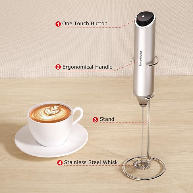 Bonsenkitchen Powerful Milk Frother with Stand for Coffee, Fast Handheld Drink Mixer with Stainless Steel Whisk, Battery Operated Hand Frother Stirrer Wand-Silver