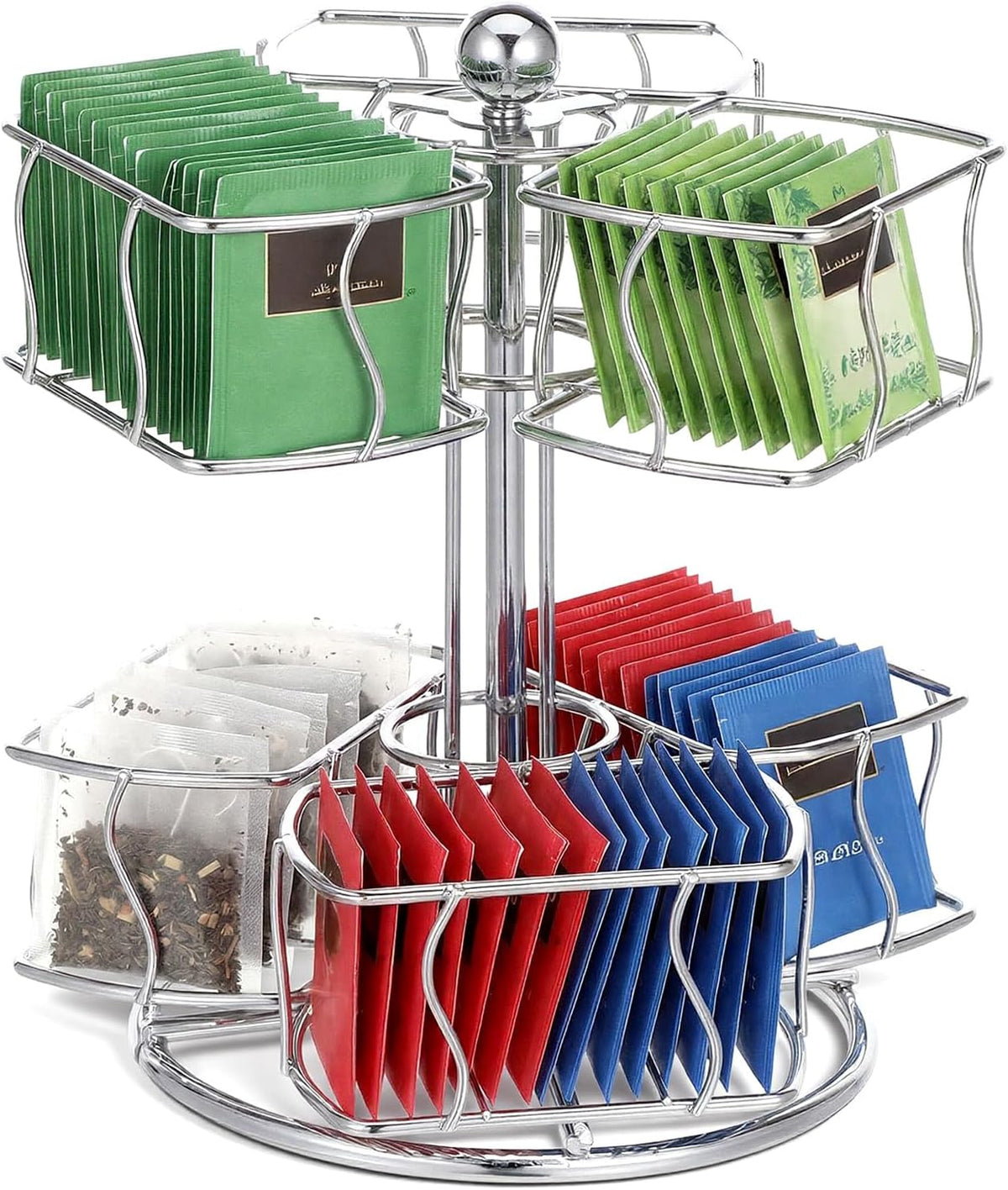 Tea Bag Organizer, 360 Degree 2 Tier Tea Bag Spining Carousel Organizer with 6 Compartments for Countertop Kitchen Cabinet, Holds Up to 60 Bags