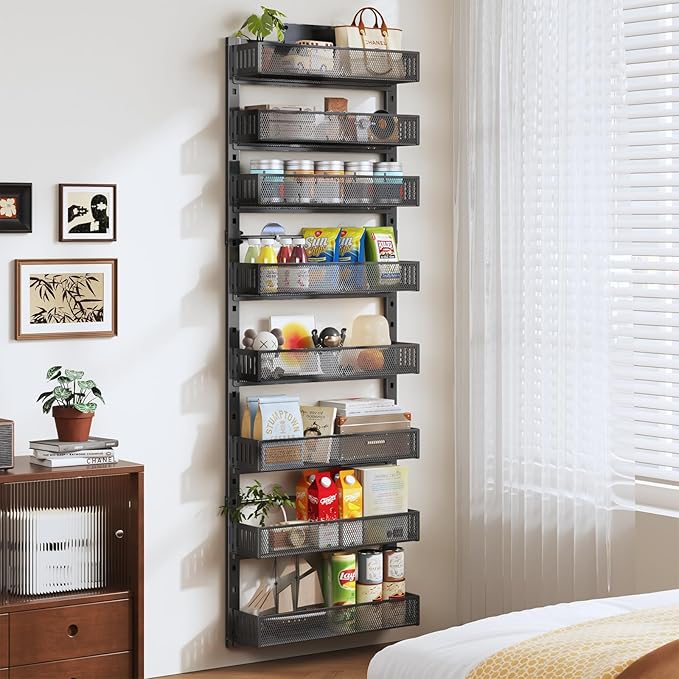 Pantry Door Organizers and Storage,8-Tier Large Wide Metal Heavy-Duty Frame Over the Door Spice Rack, 2 in 1 Wall-Mounted or Hanging shelf for Kitchen, Bathroom, Laundry Room, Bedroom, Closet &Nursery