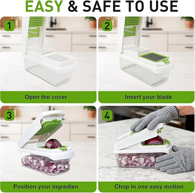 Mandoline Slicer for Kitchen, Vegetable Chopper with Adjustable Stainless Steel Blades, Fruit Slicer & Food Cutter for Potato, Onion, Cucumber, Carrot and Meal Prep, Easy to Clean