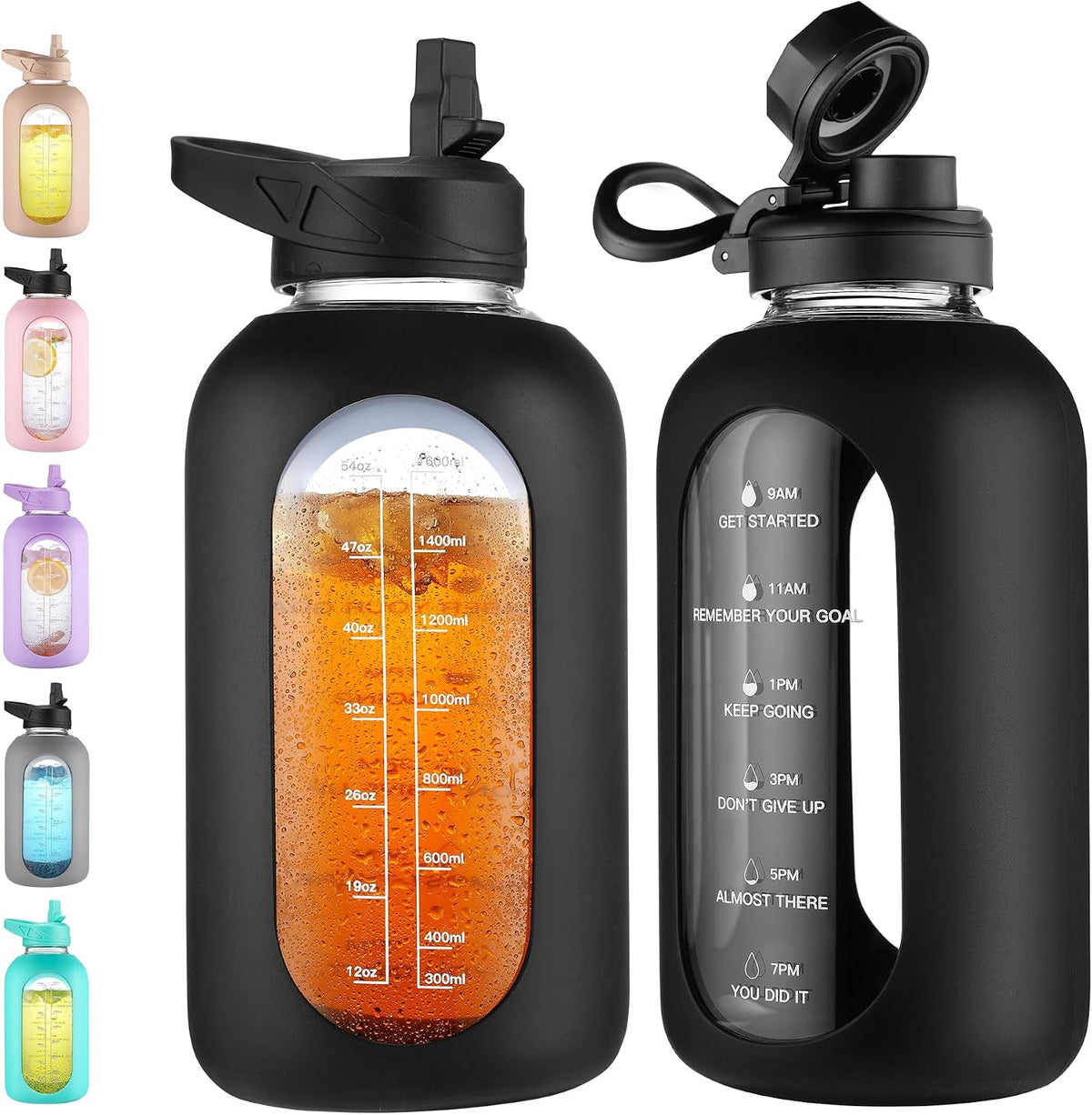 64 oz Glass Water Bottle with Straw, Half Gallon Large Water Jug