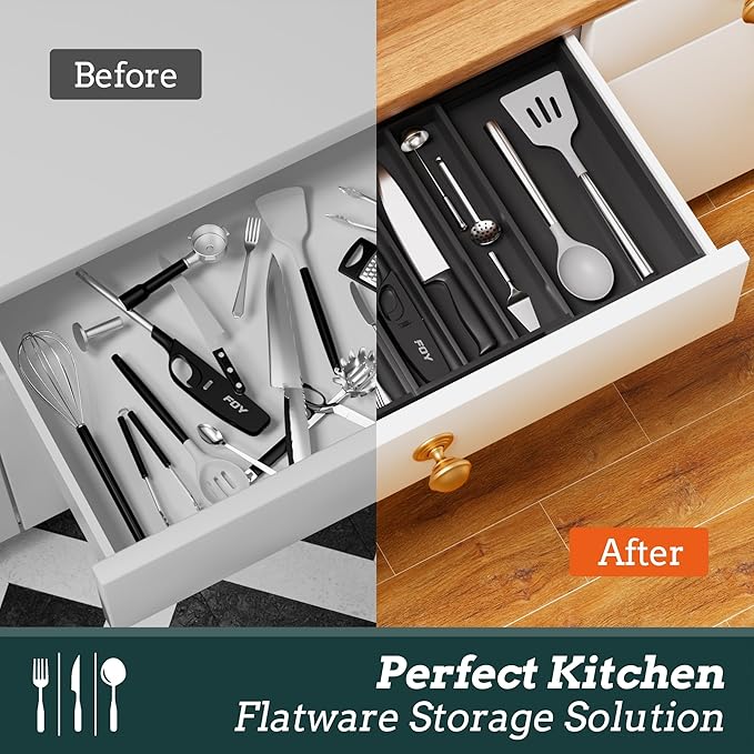 Silverware Organizer Large, Magnetic Connected Expandable 11 Slots Silverware Drawer Organizer from 21 to 37.4 Inches, Adjustable Flatware and Cutlery Holder, Bamboo Utensil Tray for Kitchen Black