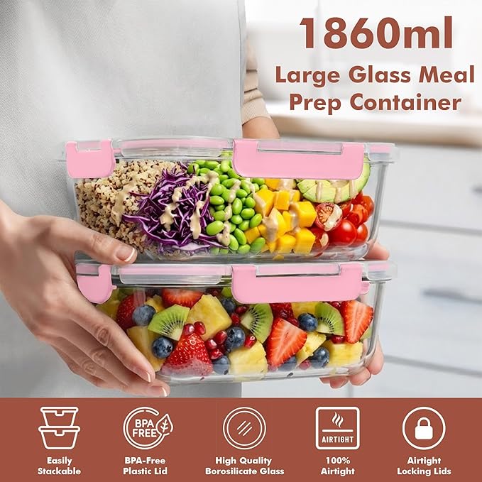 Razab 2 Pcs 1860ml / 63 Oz Large Glass Food Storage Containers with Lids - Glass Meal Prep Containers with Locking Lids for Roasting, Storing Leftover, Lunch Container, BPA Free, Microwave & Oven Safe