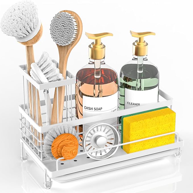 Sponge Holder for Kitchen Sink,Sink Caddy with Removable Brush Holder,Self-Draining Sponge Caddy for Sponge,Soap,Dish Brush,Scrubber,Kitchen Essentials and Gadgets