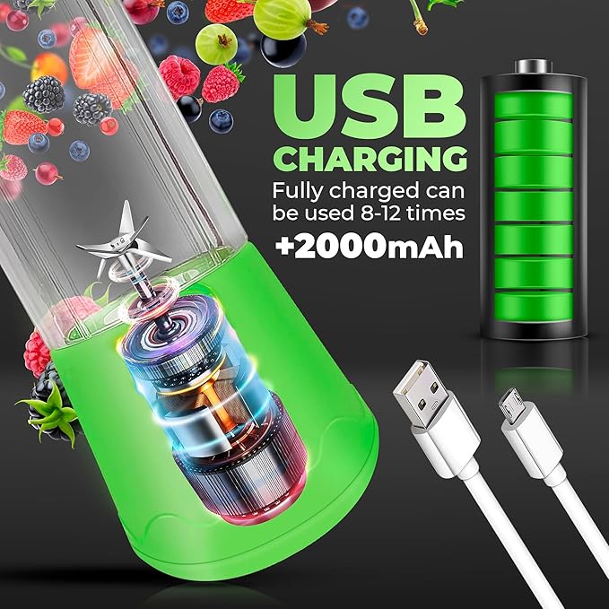 Portable Blender - Compact and USB Rechargeable Personal Travel Blenders for Smoothies, Shakes and Ice - Mini Fruit Juice Mixing Shaker Bottle - 380ml, Green