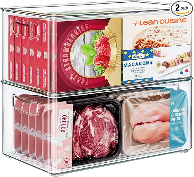 Heyuzb 2 Pack Clear Freezer Organizer Bins Stackable Storage Bins with Side Handles for Kitchen Pantry Cabinet Organzation and Storage