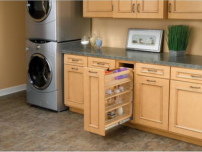 Rev-A-Shelf Maple Pullout Organizer for Full Height Base Cabinets, Full Extension Slides & Adjustable Shelves, Min Opening Width of 8.5", 448-BC-8C