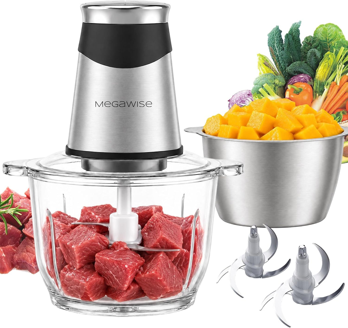 800W Electric Food Chopper, 2.2L Glass & 1.2L Stainless Bowls