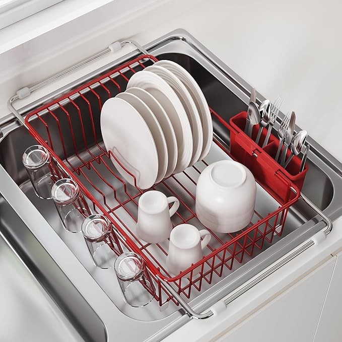 JASIWAY Red in Sink Dish Drying Rack, Expandable Stainless Steel Small Dish Rack Over Kitchen Sink, Plate Drainer Strainer with Utensil Holder & Cup Holders, Counter Space Saving Wire Dryer Rack
