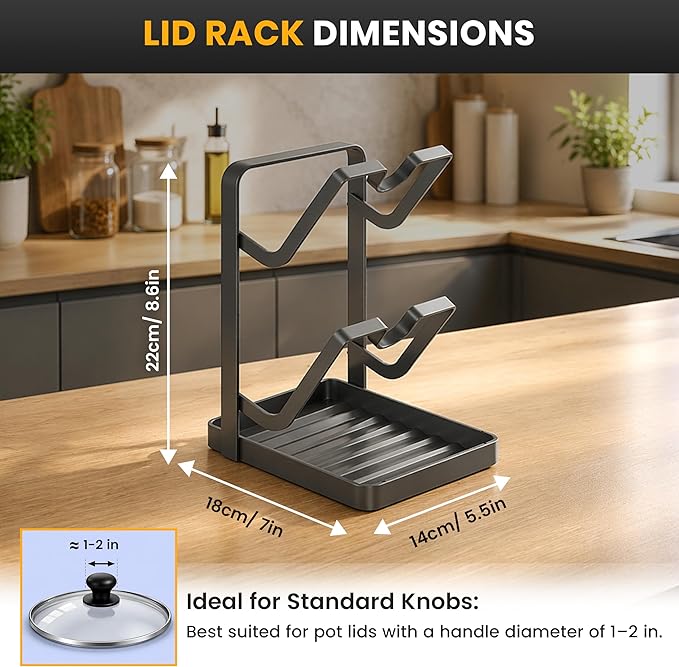 Pot Lid Holder with Removable Drip Tray, Multifunctional Double Layer Pot Lid Organizer for Countertop, Kitchen Pot Lid Storage Rack for Covers, Cutting Boards, Utensils (Grey)