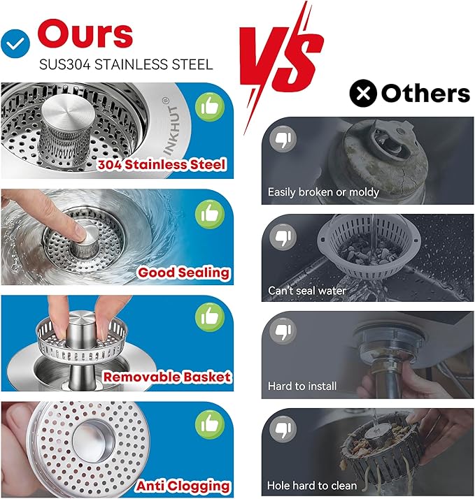 Upgraded 3 in 1 Kitchen Sink Drain Strainer - Stainless Steel Sink Stopper, Anti-Clogging Sink Food Catcher Basket, Fast Drainage Odor Filter Sink Plug for US Standard 3 1/2 inch Drain (Silver-2Pack)
