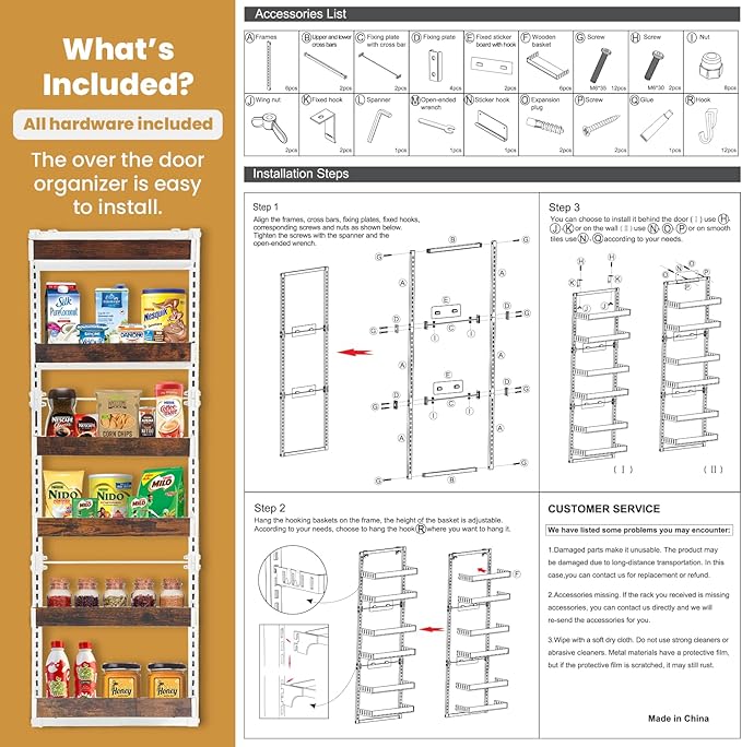 Over-The-Door Organizer – 6-Tier Wooden Pantry Storage Shelf with 12 Hooks, Wall-Mount or Hanging Spice Rack for Kitchen, Bathroom, or Closet
