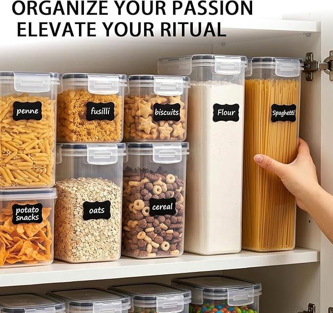 42 PCS Airtight Food Storage Containers with Lids, BPA Free Clear Plastic Kitchen and Pantry Organization and Storage Set for Flour, Sugar, Cereal, Pasta, Includes 42 Labels and Marker