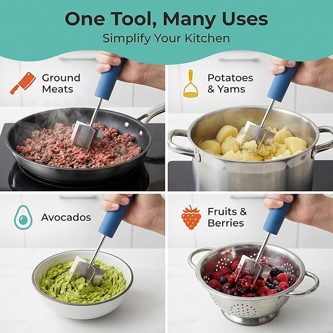 2pc Gift Set | Large Stainless Steel Meat Chopper & Potato Masher | 6-Blade Ground Beef Chopper Tool | Oversized Ergonomic Handle | Heat Resistant Grip | Dishwasher Safe (Lagoon Blue/Lagoon blue)