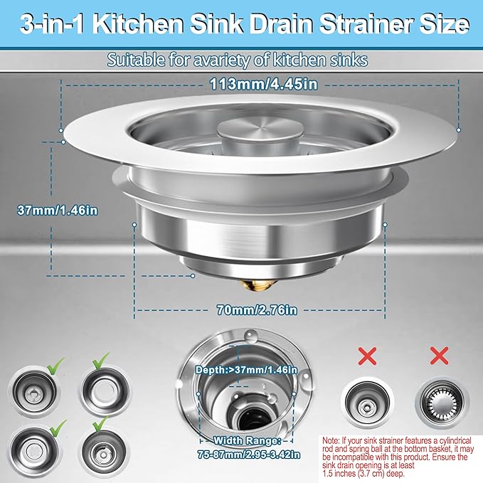 Sink Drain Strainer 3 in 1, 304 Stainless Steel Pop Up Kitchen Sink Stopper with Anti-Clogging Basket, Kitchen Essential Drain Anti-Clog Gadgets, Fits US Standard 3-1/2'' Sink Drain (Silver, 2 Pack)