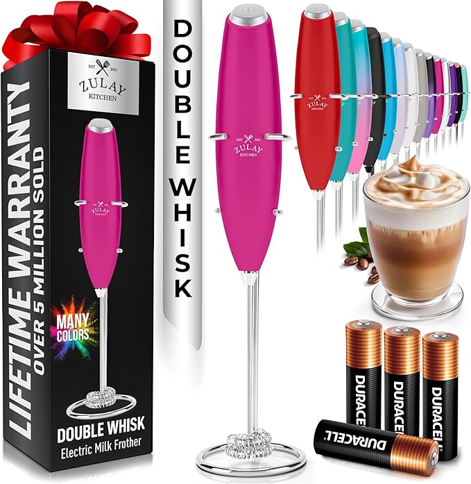 Zulay Kitchen Powerful Milk Frother Wand With Duracell Batteries - Ultra Fast Handheld Drink Mixer - Electric Whisk Foam Maker for Coffee, Lattes, Cappuccino & Matcha - Double Whisk - Dragonfruit