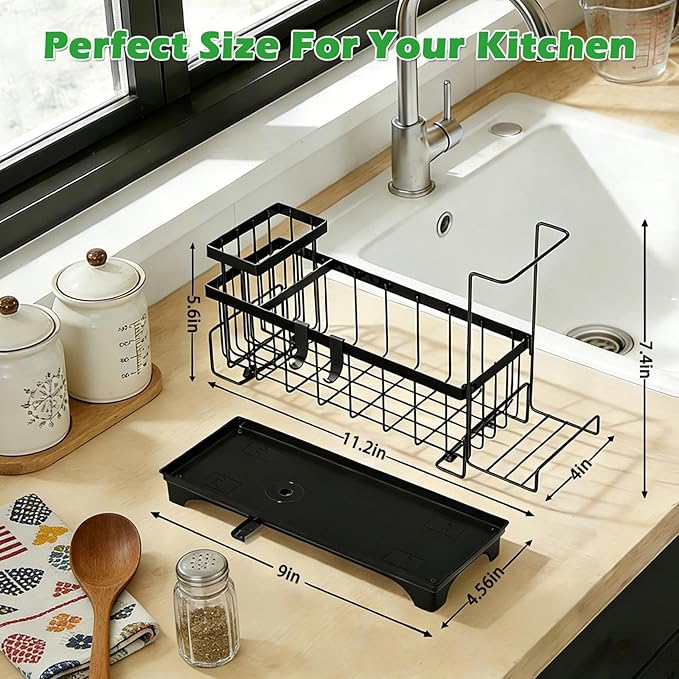 Sponge Holder for Kitchen Sink, Sink Caddy Organizer with Detachable Cloth & Brush Holder, Self-Draining Sponge Caddy Organizer with 360° Rotatable Spout, Kitchen Countertop Storage Accessories(Black)