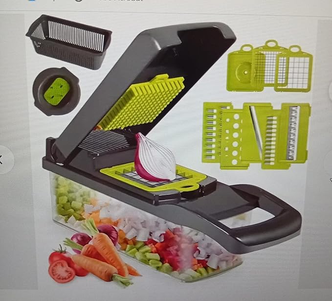 Vegetable Chopper and Slicer Set, 14 Pieces, Multi-Function Kitchen Mandoline with Interchangeable Blades, 13.2 x 4.9 x 3.9 inches, Gray/Green