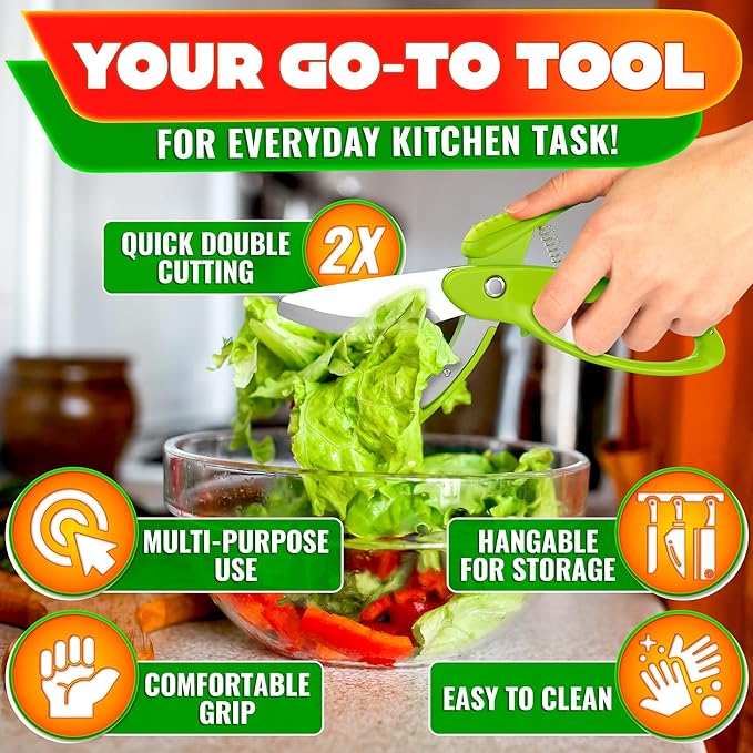 Salad Scissors for Chopped Salad - Effortless Double-Blade Chopping in Bowl, No Knife or Cutting Board Needed - 8.9" Stainless Steel Vegetable Scissors, Safety Lock, Lettuce Cutter Tool for Veggies