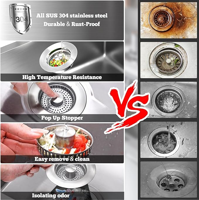 Upgraded 3 in 1 Kitchen Sink Drain Strainer Stopper, Brushed Stainless Steel SUS 304 Pop Up Sink Drain Stopper for Standard 3-1/2 Inch Drain Anti-Clogging Odor Prevention