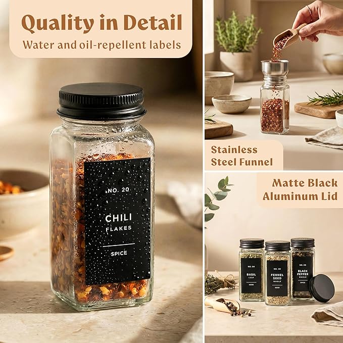 EDELHAUS Glass Spice Jars with Label and Black Aluminium Lids (24 x 4oz) Spice Containers with 240 Labels, Shaker Inserts, Steel Funnel, Empty Square Seasoning Organizer (Black Aluminium Lid)