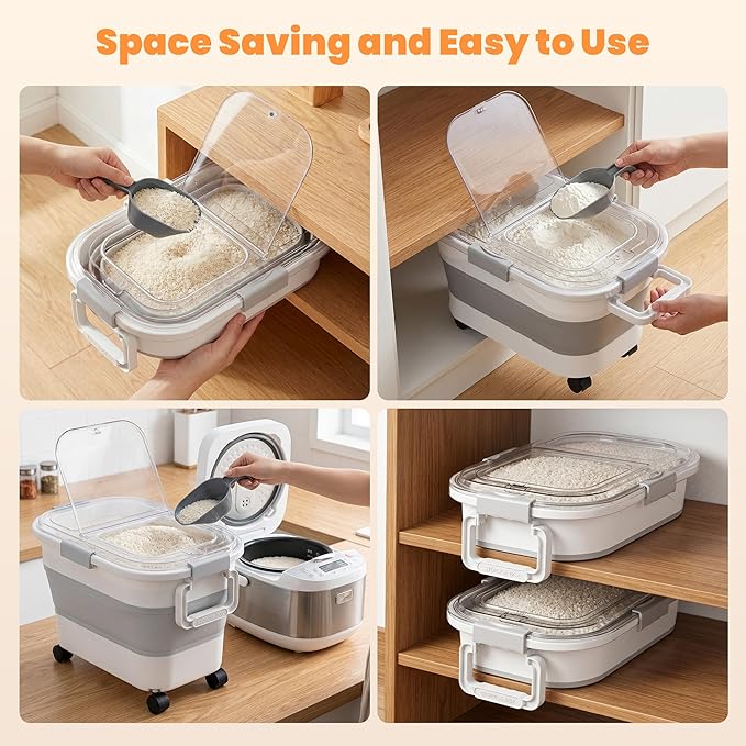 30 Lbs Rice Storage Container with Wheels, Collapsible Airtight Food Storage Container with Transparent Lid, Measuring Cup, Scoop, Handle, BPA Free Rice Holder for Pet Food, Grain, and Bird Seed