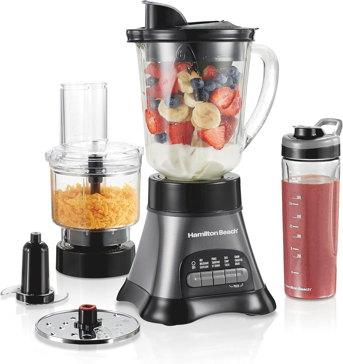 Blender and Food Processor Combo for Shakes & Smoothies, With 3 Cup Electric Food Chopper Attachment, 40 oz Glass Jar, Blender Travel Cup, 700 Watts Peak Power, Gray & Black (58163)