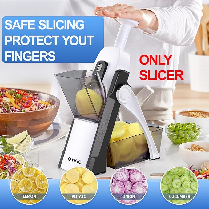 QYKIC Safe Mandoline Slicer, Potato Clips Vegetable Food Cutter, Thickness Adjustable for Cucumber Onion Lemon with Vegetable Peeler (Only Slicer) Grey