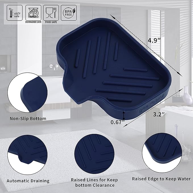 MicoYang Silicone Soap Dish with Drain Spout, Self-Draining Sink Organizer Tray for Bathroom and Kitchen, Sponges, Dispensers & Soap Holder, Non-Slip & Dishwasher Safe, Navy Blue (Compact, 4.9"×3.2")