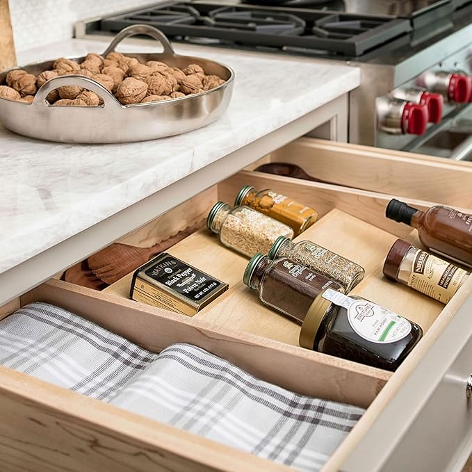 Rev-A-Shelf 36" 3 Tiered Seasoning Organizer, Trim-to-Custom-Fit Wooden Kitchen Draw and Cabinet Home Storage Insert, Pull Out Spice Rack, Maple, 4SDI-36-1
