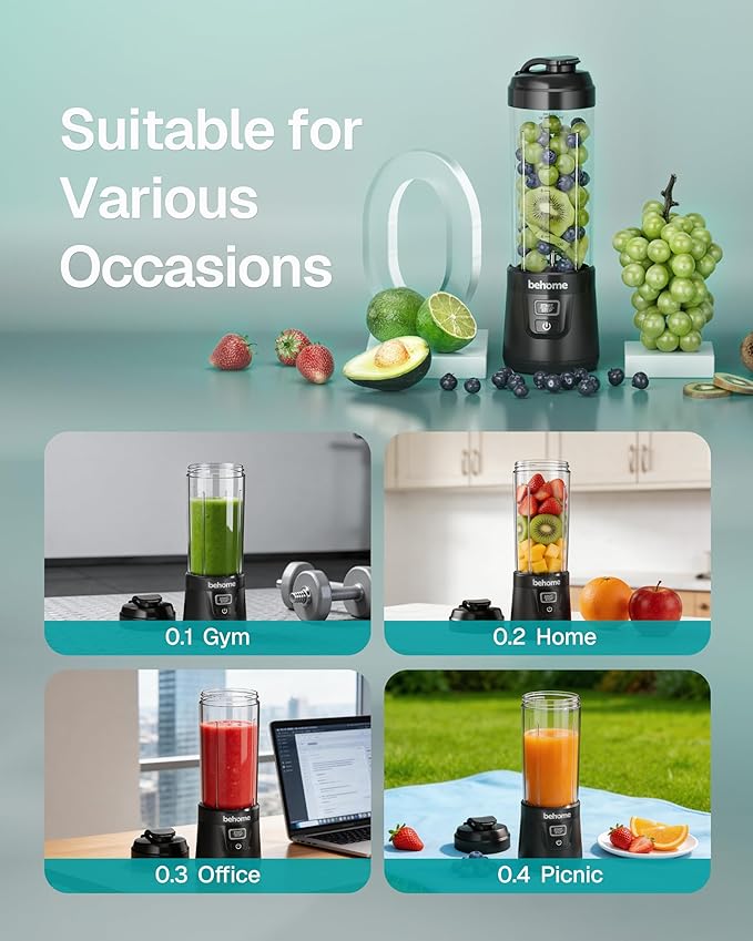 Behome Portable Blender Smoothies and Shakes, Personal Juicer 14 OZ BPA Free Portable Cups, USB-C Rechargeable, Dishwasher Safe Parts - Mini Small Blenders Cup Fits Home, Office, Gym, Travel