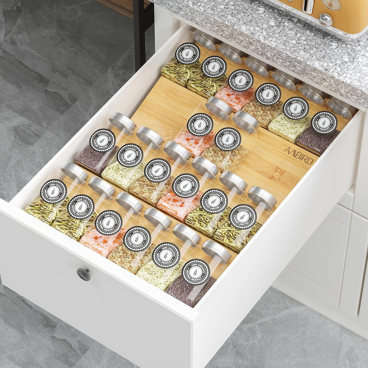 Bamboo Spice Drawer Organizer with Non-slip Mat,4 Tier Jar Spice Rack Tray 9.5'',Seasoning Organizer for Kitchen,Cabinet,Drawers,Countertop