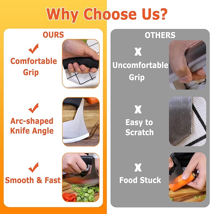 Salad Chopper Mezzaluna Knife with Protective Cover and Anti-Slip Handle - Stainless Steel Vegetable Cutter, Onion Chopper, Pizza Cutter